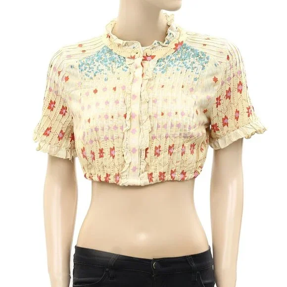 Free People Ditsy Floral Printed Cropped Top Ruffle Beige Buttondown S - Picture 2 of 4